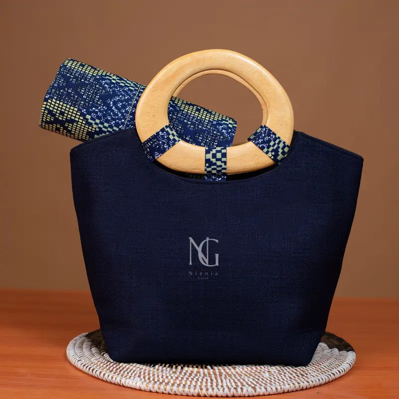 Sac Wax Ethnique & Raphia Bleu Nuit – Poignée Bois NIENIAGOLLE